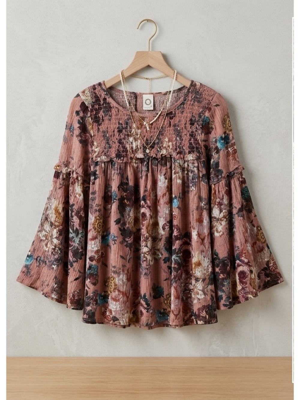 Anthropology - Floral Smocked Peasant Tunic in Dusty Mauve